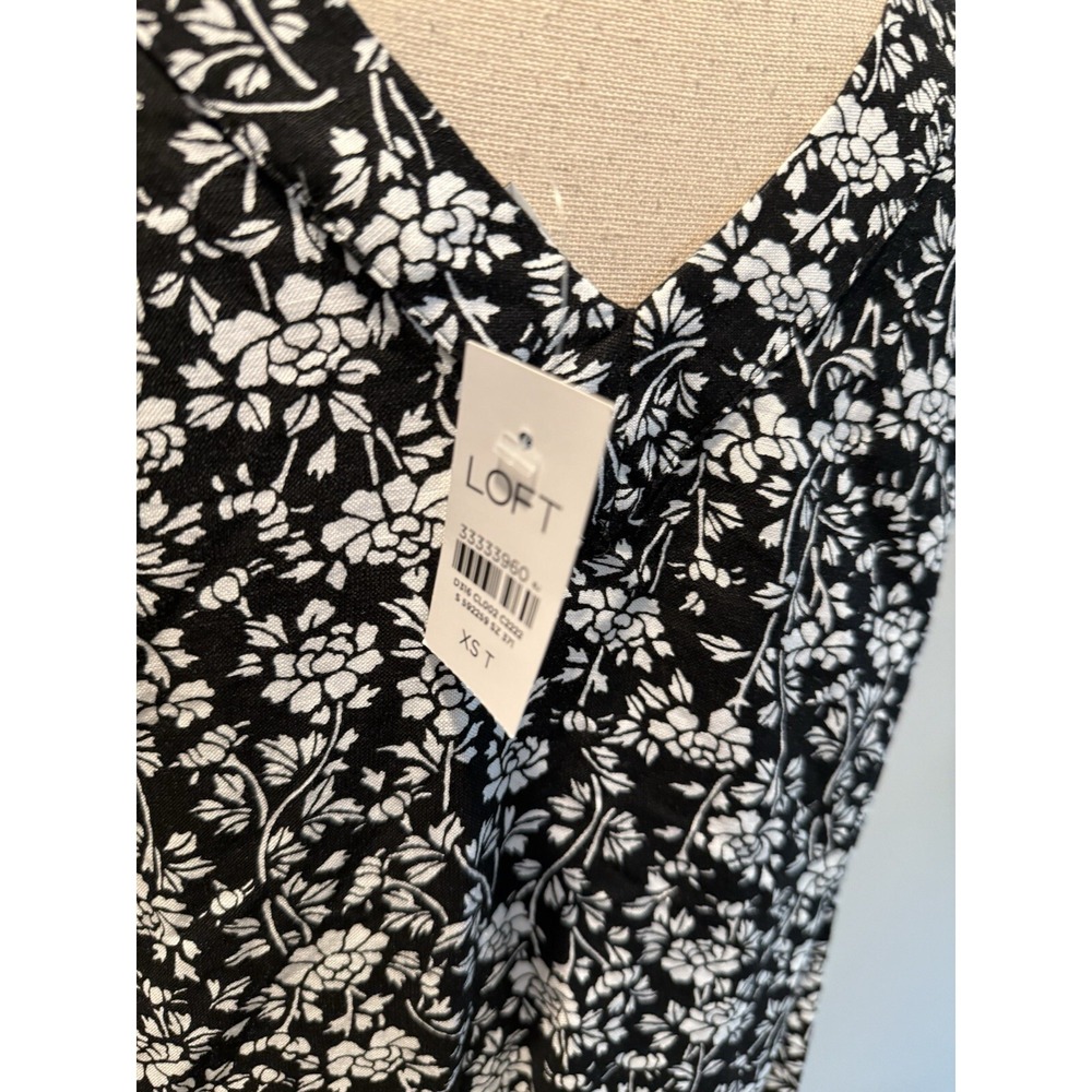 Loft Black Floral Double V Flounce Dress NWT Women's size XS Tall Linen Blend - Picture 9 of 12